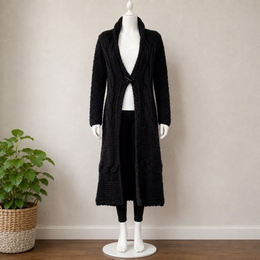 Vintage Bebe Black Long Cardigan XS Cable Knit Button Sweater NWT
